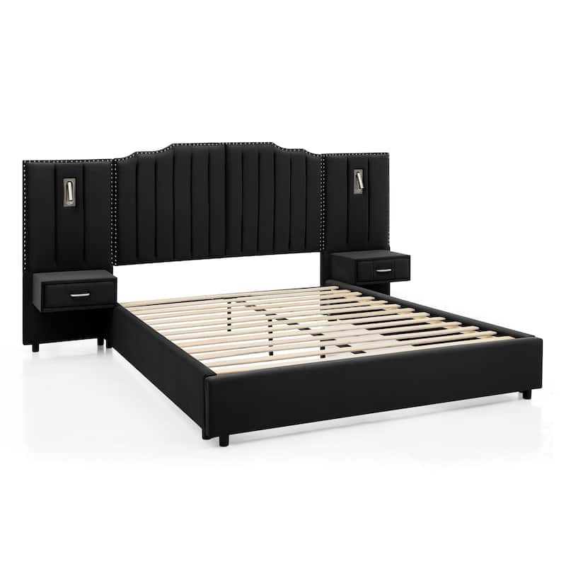 Upholstered Bed, Vertical Stripe Buttons Design Wingback Bed Frame, Velvet Fabric Platform Bed with Bedside Table