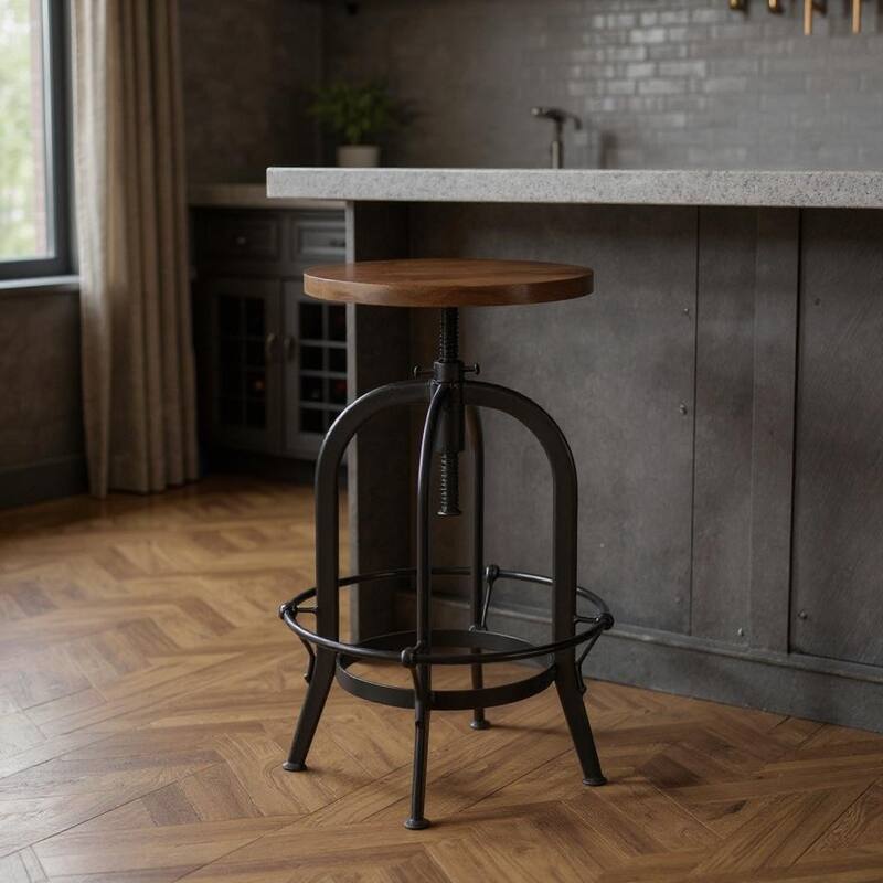 HomeRoots Brown and Black Solid Wood and Metal Backless Adjustable Height Swivel Bar Chair - Adjustable - Brown - Single