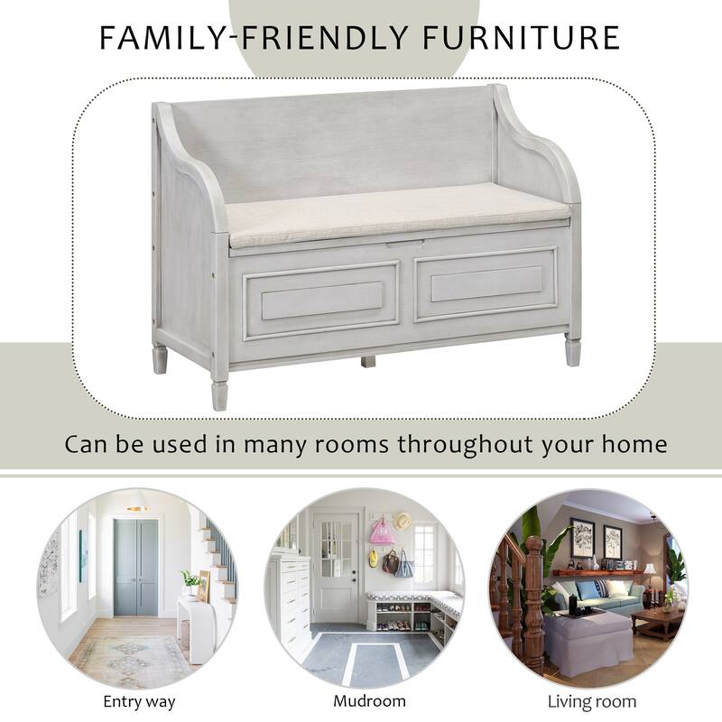 Rustic Style Solid Wood Entryway Storage Bench with Safety Hinge