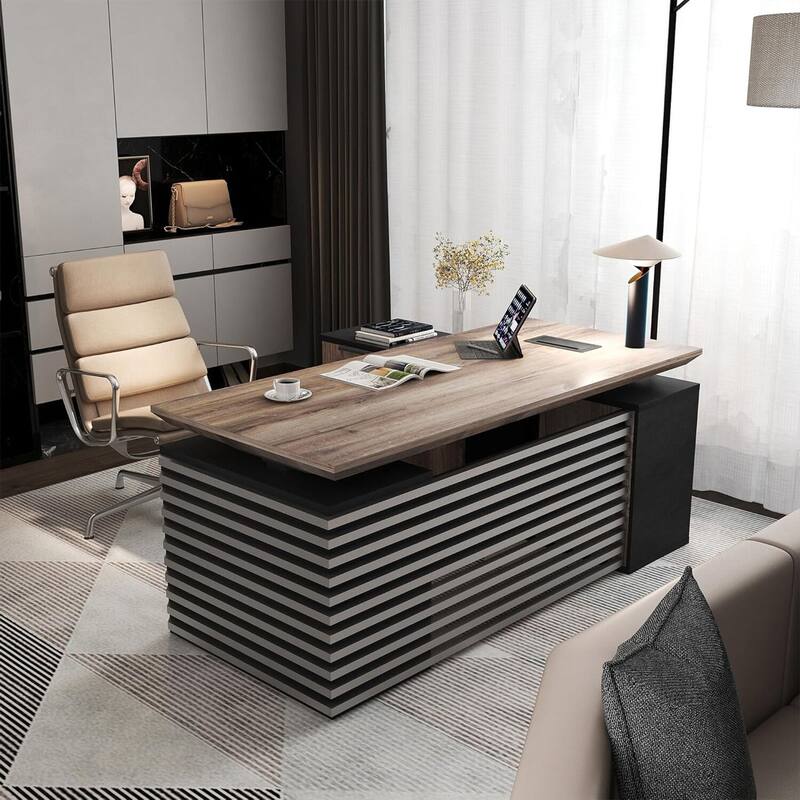 Adjustable Height Executive L Shaped Standing Desk w/ Cable Box Drawers Cabinets - 70.8" - Multi-Left Return