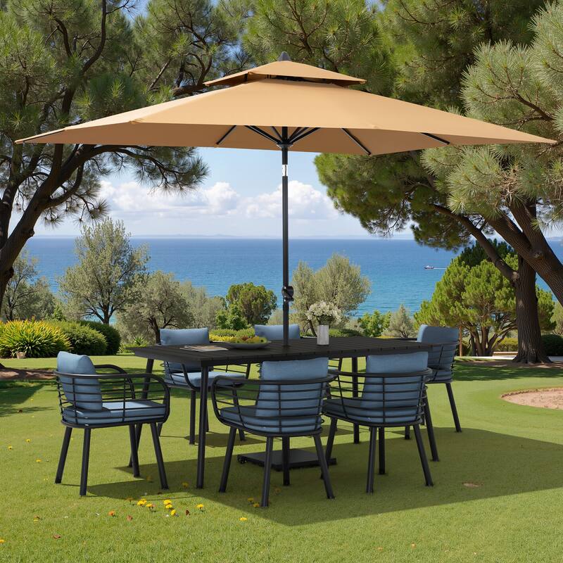 9PC Outdoor Patio Dining Set Aluminum Table with Sunbrella Cushion Chairs w/ Premium Market Umbrella Sets - BlackTable&SdmChairs&TanUmbrella