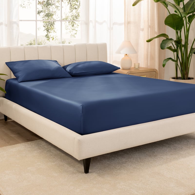 Bare Home Organic Cotton Fitted Sheet - Smoth Sateen Weave - Queen - Dark Blue
