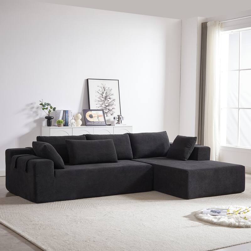 Modern Chenille Upholstered Sectional Sofa Couch Set with 6 Pillows and Square Arms for Living Room and Guest Room