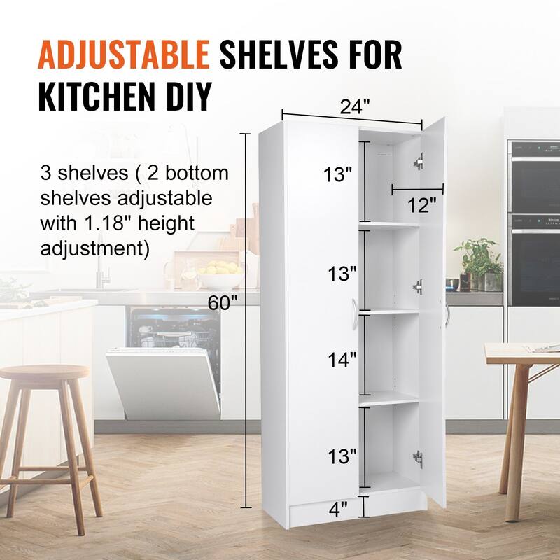 White MDF Kitchen Pantry Cabinet with 2 Doors and Adjustable Shelves - 24” L x 12” W x 60” H