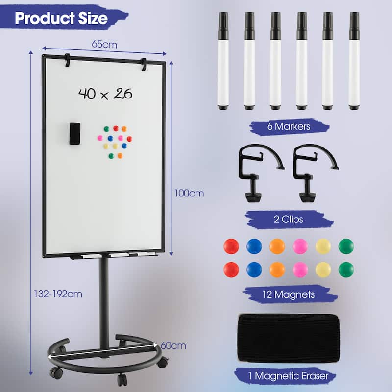 40'' x 26''Mobile Whiteboard Height Adjustable Magnetic Board Stand