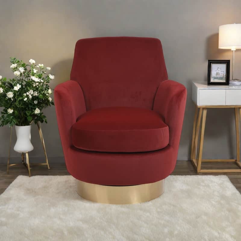 Velvet Swivel Barrel Chair with Gold Stainless Steel Base, High-Density Foam and 360° Rotation
