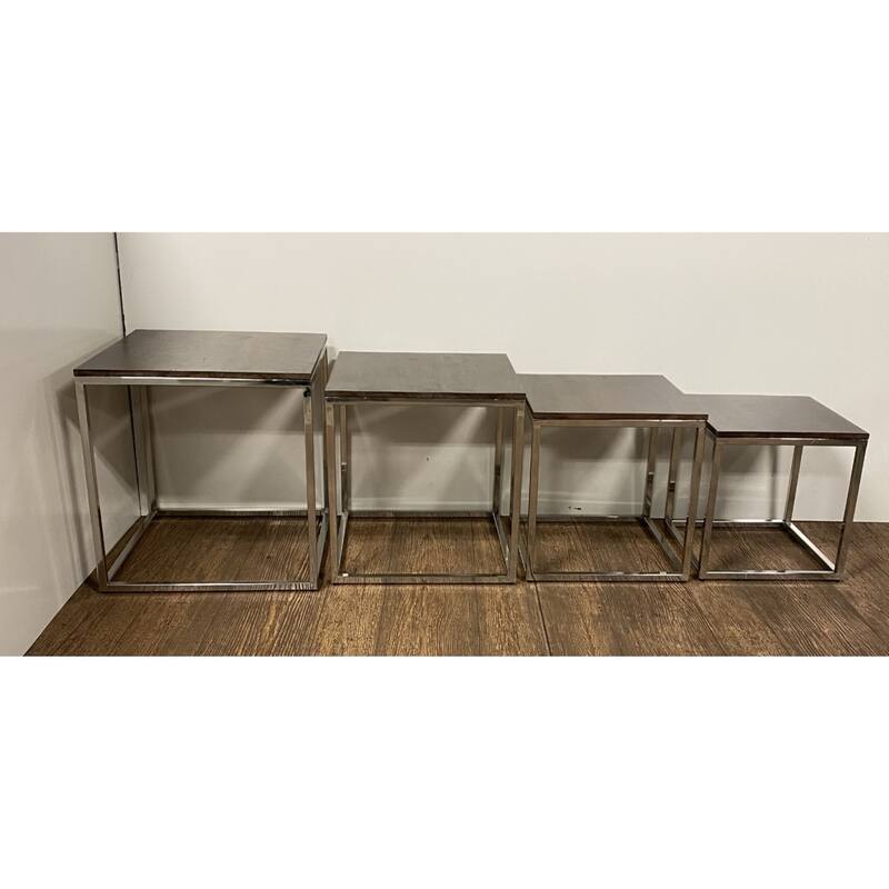 Natural Brown Solid Wood Rectangular Nesting Tables with Silver Stainless Steel Bases Set of 4