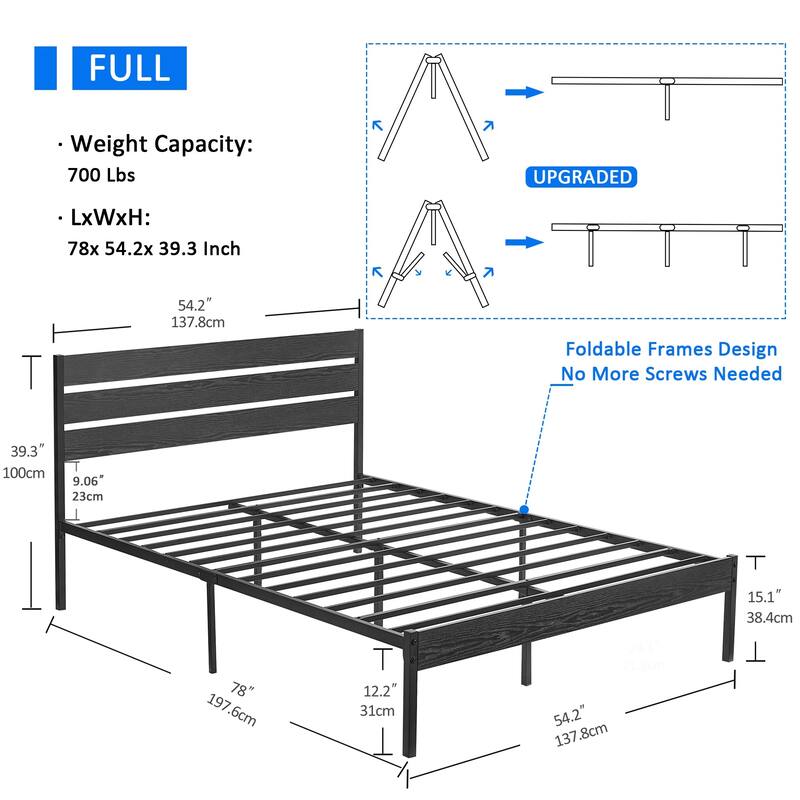 Javlergo Platform Bed Frame with Wood Headboard, Strong Metal Slats Support/No Box Spring Needed, Black