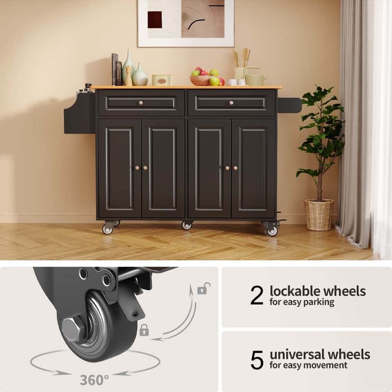 Kitchen Island Cart with Solid Wood Top and Locking Wheels