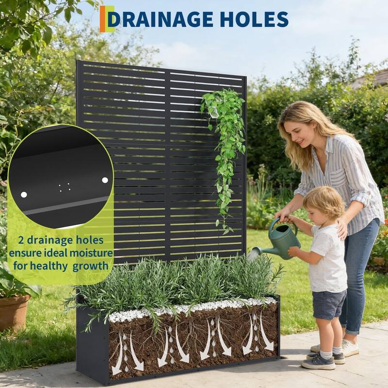 71 x 47 x 16 Inch Metal Raised Garden Bed with Trellis for Climbing Plants Vegetables and Privacy Screen Horizontal stripes