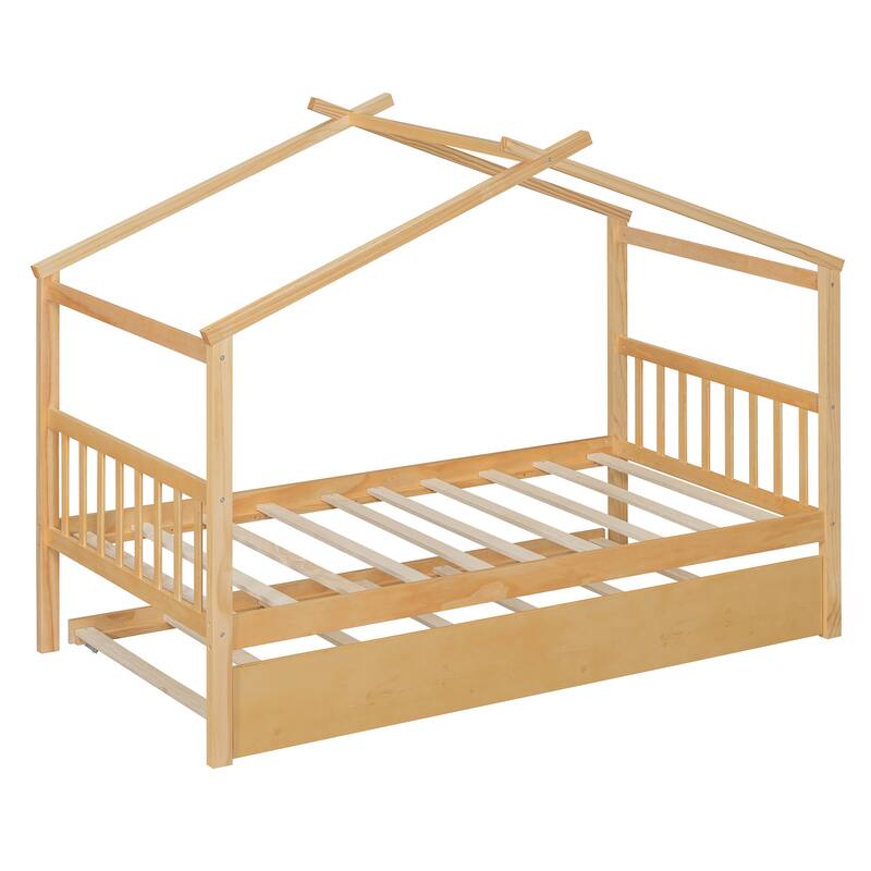 Twin Size Wooden House Bed with Pull-Out Trundle, Natural Finish