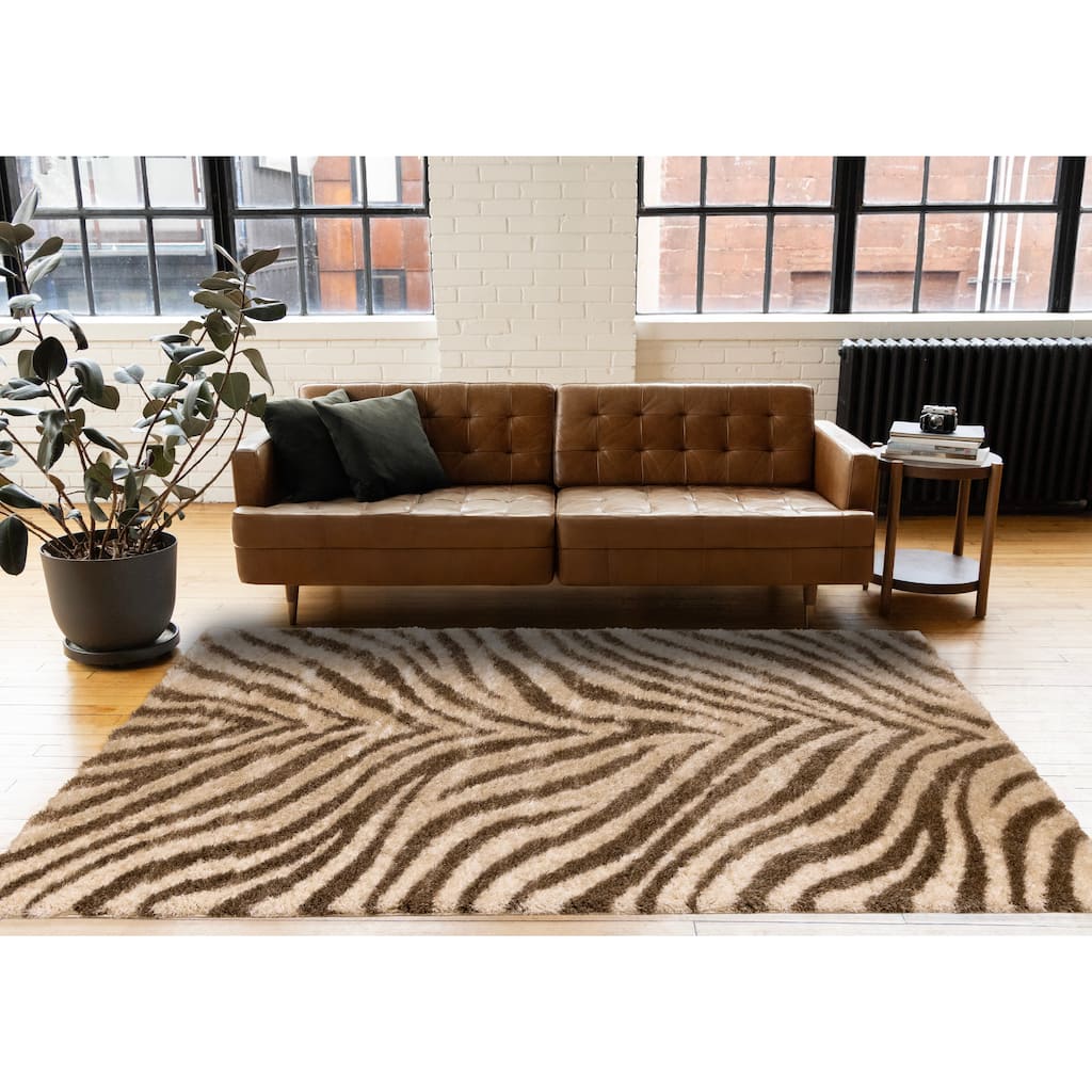 Beige Brown White Zebra Print Soft Shag Rug