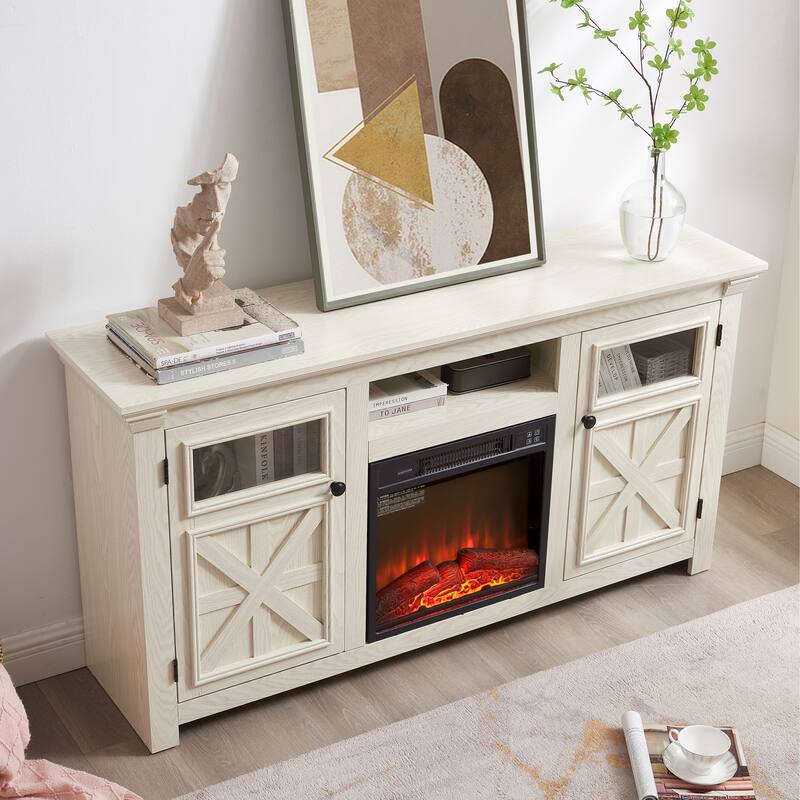 Fireplace TV Stand Media Console 2 Doors Cabinet with 18" Fireplace