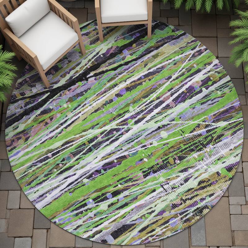 Machine Washable Indoor/Outdoor Abstract Stripes Chantille Rug - Green - 8' x 8'