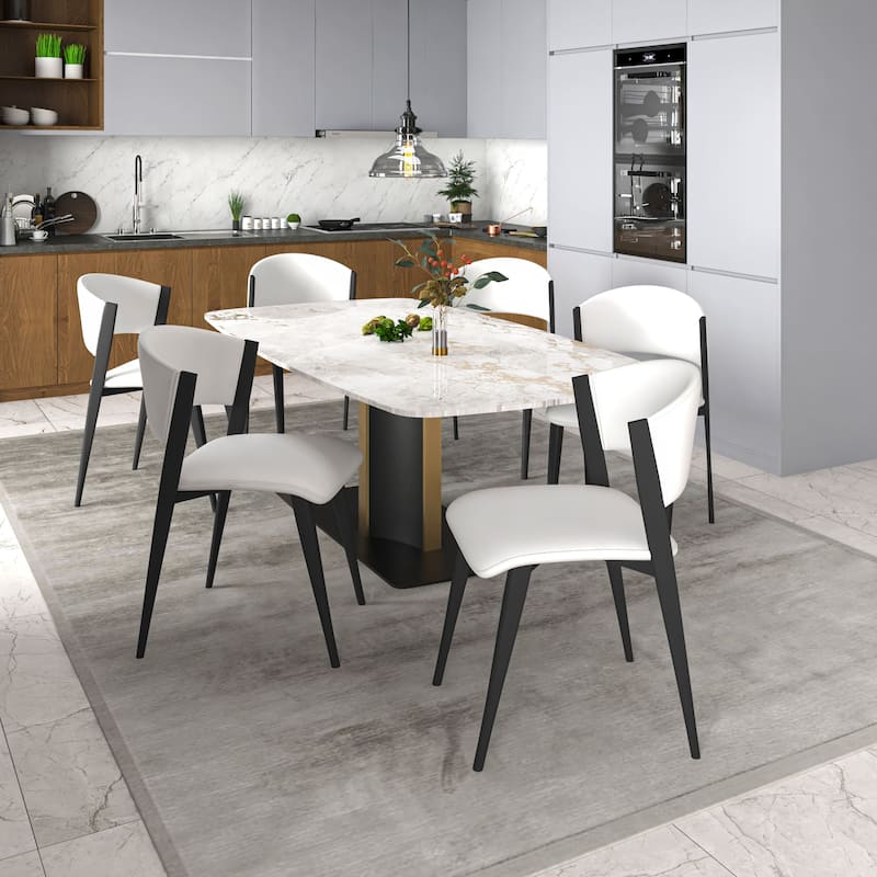 7-Piece Dining Set with 55-Inch Sintered Stone Dining Table and 6 Leather Side Chairs