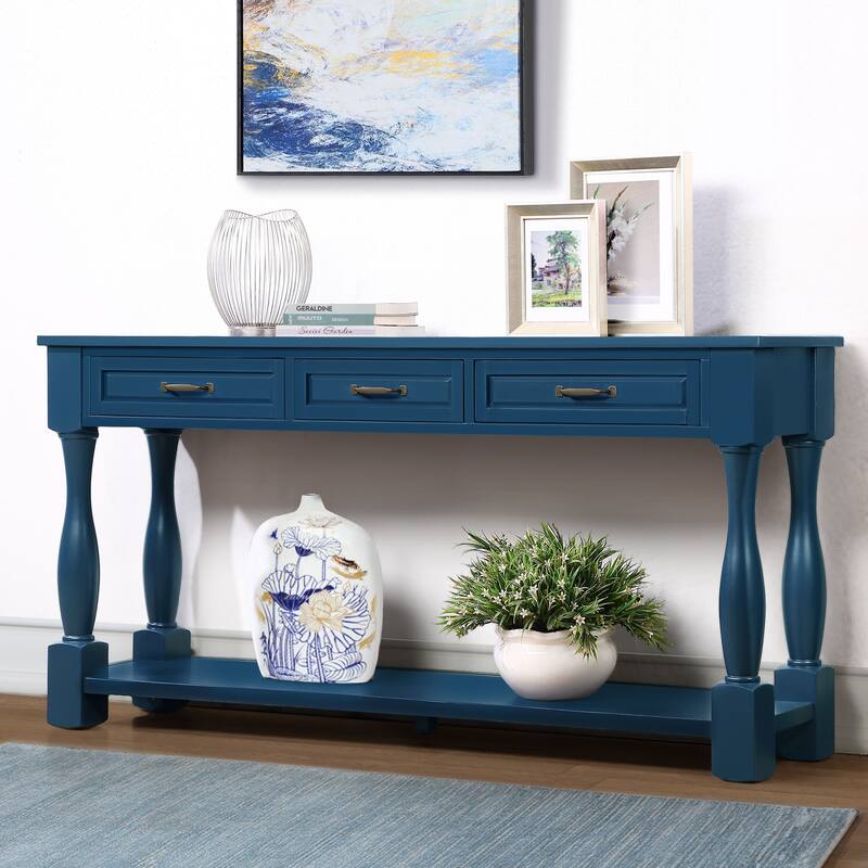 Solid Wood Console Table with 3 Drawers and Bottom Shelf