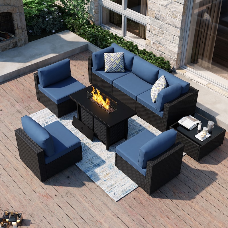 8-Piece Outdoor Patio Wicker Conversation Set with Fire Pit Table, Sectional Sofa & Cushions - N/A