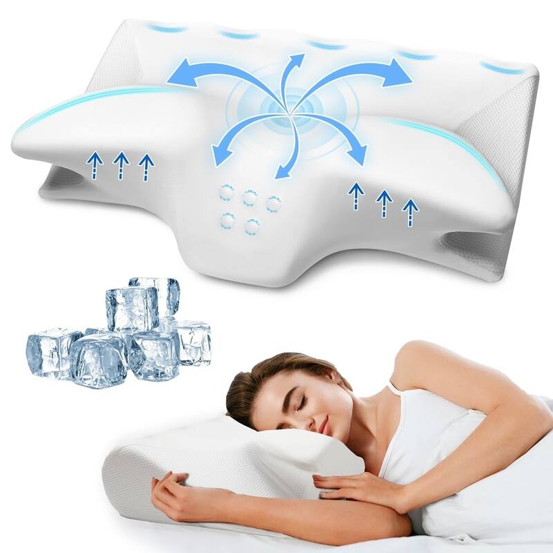 Cooling Gel Memory Foam Contour Pillow, OX Horn Cervical Pillow - White