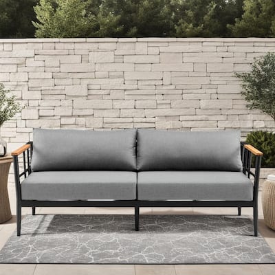 Veyda Black Aluminum and Teak Wood 78" Outdoor Sofa with Cushions