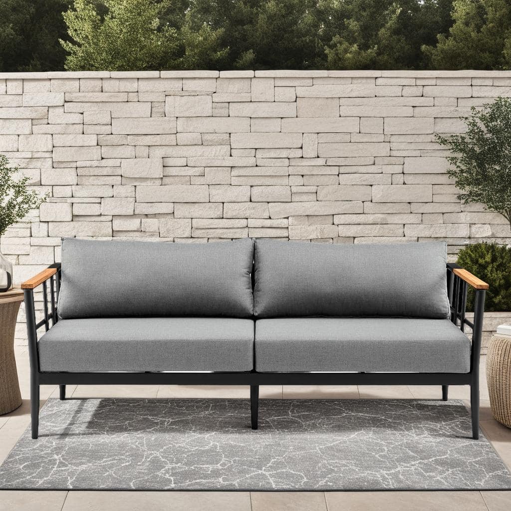 Veyda Black Aluminum and Teak Wood 78" Outdoor Sofa with Cushions
