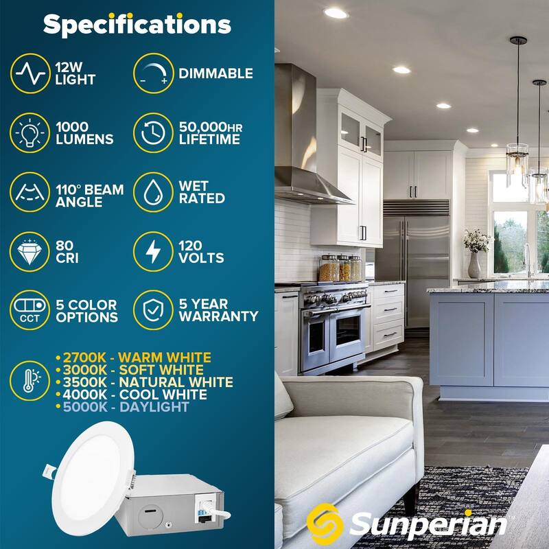 Sunperian 6 inch Ultra-Thin LED Recessed Light J-Box 5 Color Options 12W 1000 Lumens Dimmable Wet Rated ETL 4 Pack