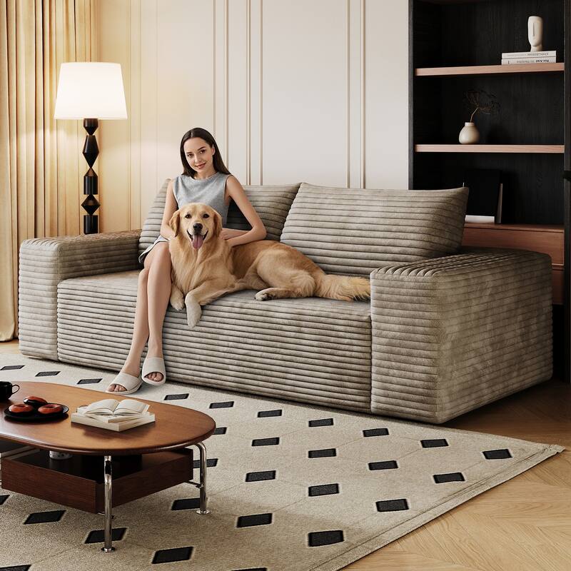 Modern 3-Seater Corduroy Seat Loveseat with High-Resilience Sponge, Pillow and Wide Armrests, for Living Room, Bedroom