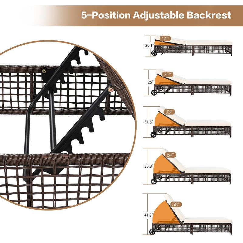 Outdoor Patio Rattan Daybed Sunbed with 5-Position Adjustable Backrest and Wheels