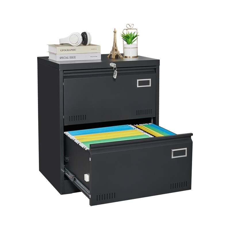 Anmytek Black File Cabinet Double Drawer Locking Office Storage Desk Organizer