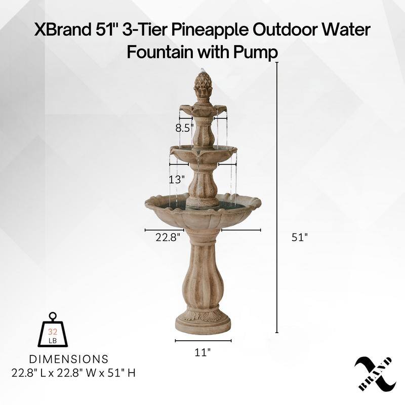 XBrand 3-Tier Water Fountain w/Pump & Pineapple Top, 51 Inch Tall, Large Outdoor Freestanding Waterfall Decor for Porch