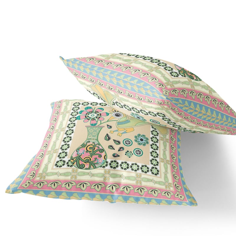 HomeRoots Set of Two 16" X 16" Beige and Pink Peacock Blown Seam Floral Indoor Outdoor Throw Pillow - 16.00' X '16.00' X '5.00