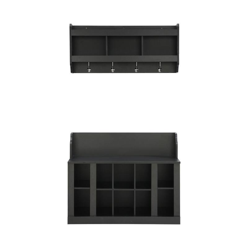Entryway Wood Storage Bench with Shoe Storage,Wall Mounted Hall Tree with Coat Rack and Shelves