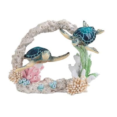 Q-Max 9"W Blue Sea Turtle Couple Swimming Around Coral Statue Marine Life Decoration Figurine