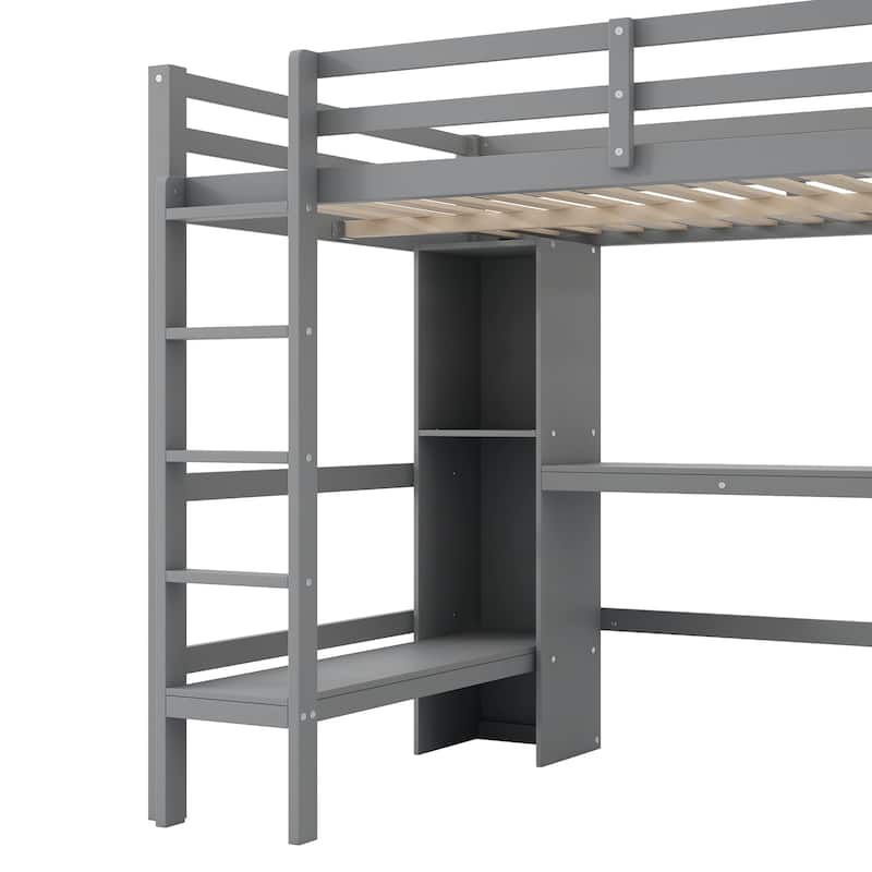 Full Size Loft Bed with Multifunction Shelves and Under-Bed Desk, Gray