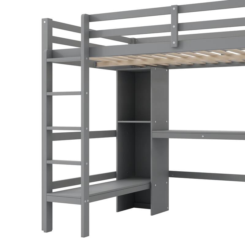 Wood Loft Bed w/Slats Support, Full Size Bed Frame with Multifunction Shelves, Full-length Guardrail and Under-bed Desk