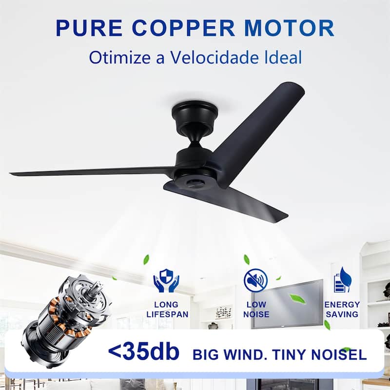 52" Flush Mount & Rod ABS 3 Blades Ceiling Fan with Remote Control No Lights