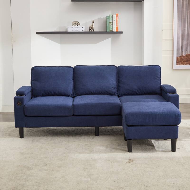 78" Fabric L-Shaped Sectional Sofa with USB, Ottoman & Magazine Bags (3-Seater) - Blue
