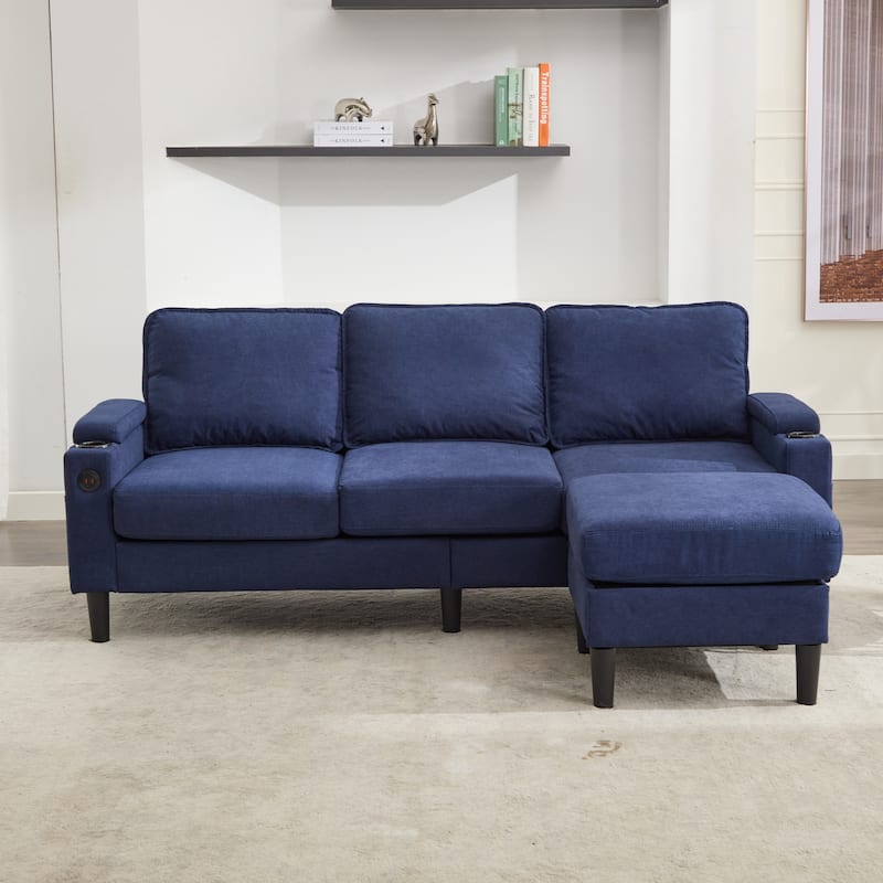 Upholstered Sectional Sofa with Storage Ottoman, USB Port, and Cup Holders - Blue - Reversible