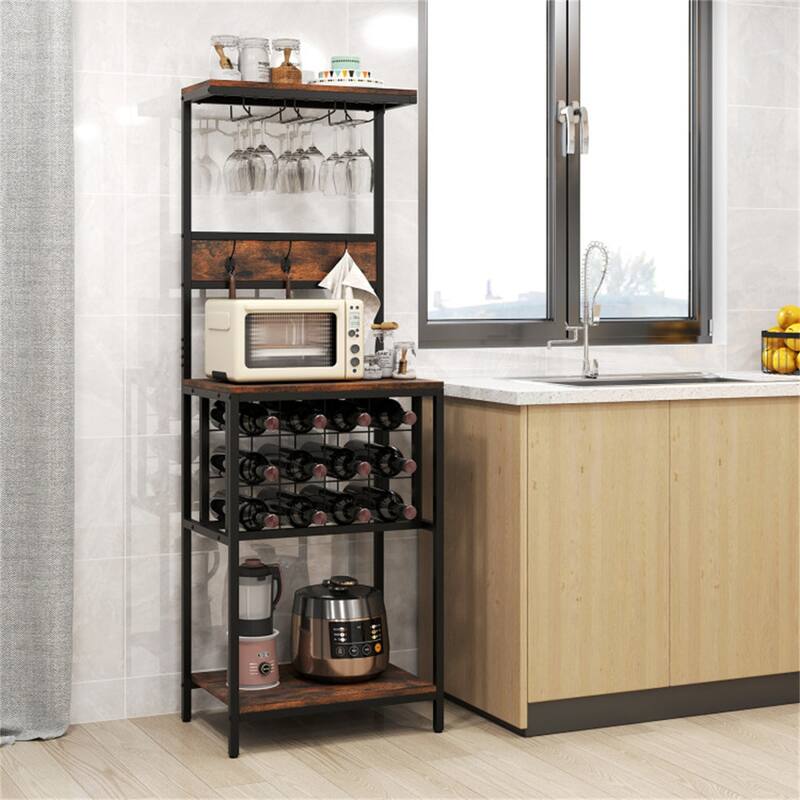 Freestanding Tall Wine Cabinet with Glass Holder and Storage Shelves for Kitchen or Dining Room - 21.5" x 14.5" x 61.5"