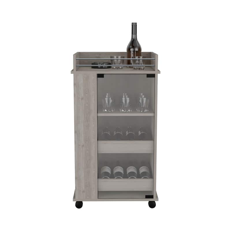 Bar Cart with Glass Door, 2-Side Shelves and Casters