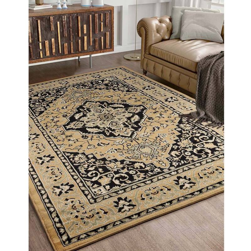 Superior Traditional Oriental Floral Medallion Indoor Area Rug - 8' x 10' - Gold