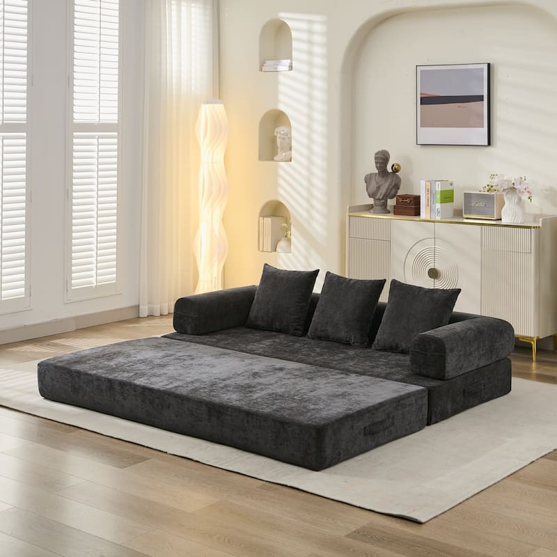 3-Tier Design Convertible Chenille Sofa Bed, Folding Sleeper Floor Sofa with Pillows, No-Assembly Modular Sofa Couch