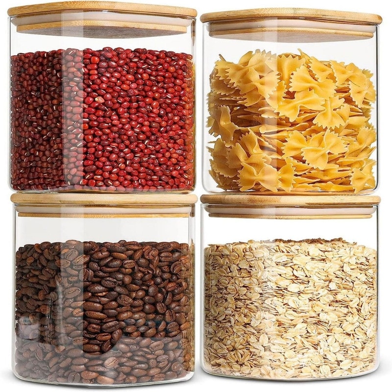 Glass Canisters with Airtight Bamboo Lids for Pantry Storage (4 x 4.13 In,  5 Pack)