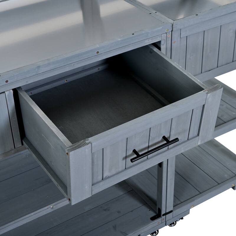 Solid Wood 62.3'' Patio Kitchen Island Kitchen Cart with Stainless Table Top, Garden Potting Bench with Raised Shelf and Drawers