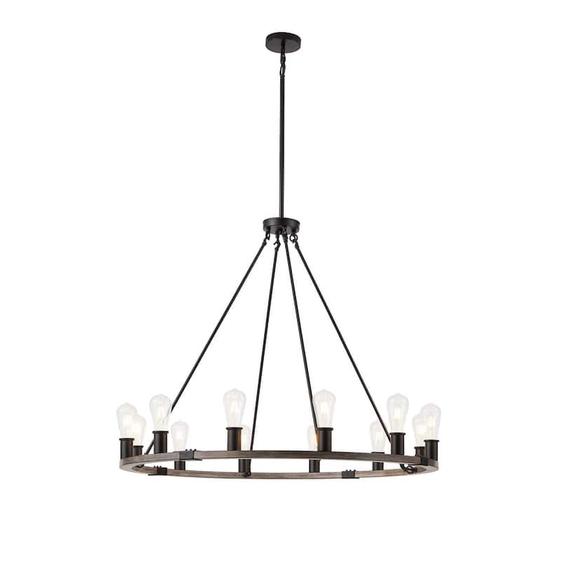Industrial Black 12-Light Wagon Wheel Farmhouse Chandlier Fixture