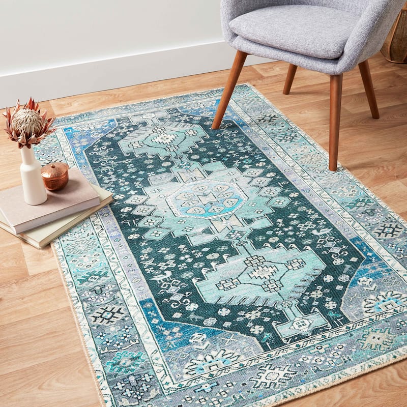 Alexander Home Dhanya Boho Transitional Vintage Area Rug - 2' x 5' - blue / sky - Runner