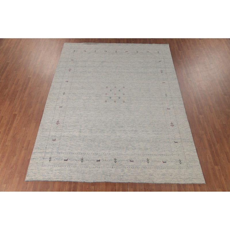 Tribal Gabbeh Area Rug Hand-Knotted Beige / Ivory Wool Carpet - 9'0"x 11'6"