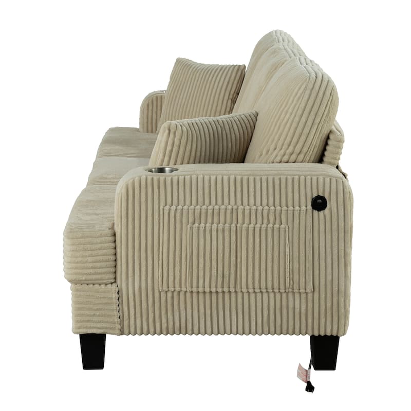 61" Contemporary Corduroy Loveseat Sofa with 2 Pillows and Cup Holder