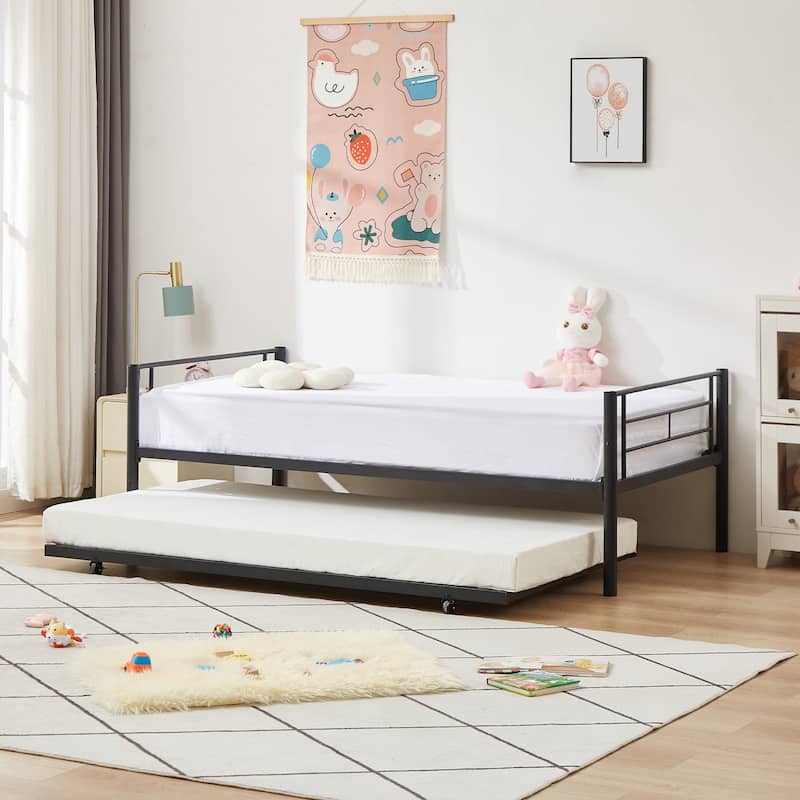Twin Over Twin Bunk Bed with Trundle, Detachable Twin Bunk Beds w/ 2 Side Ladders & Full-Length Guardrails