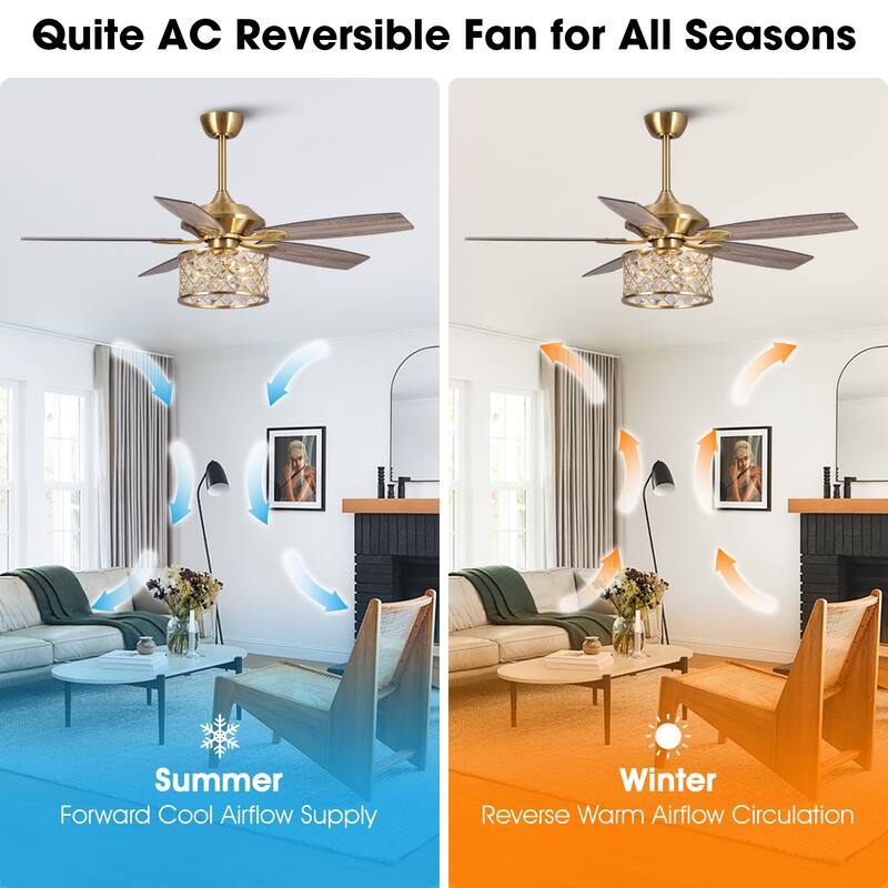 52" Modern Wood 5-Blade Gold Crystal Ceiling Fan Fandelier with Remote