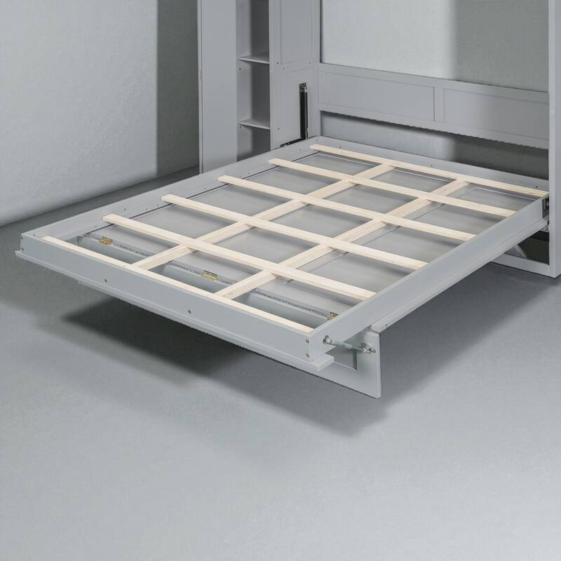 Full/Queen Size Murphy Wall Bed with Shelves, Wardrobe, LED Lights - Space-Saving Design